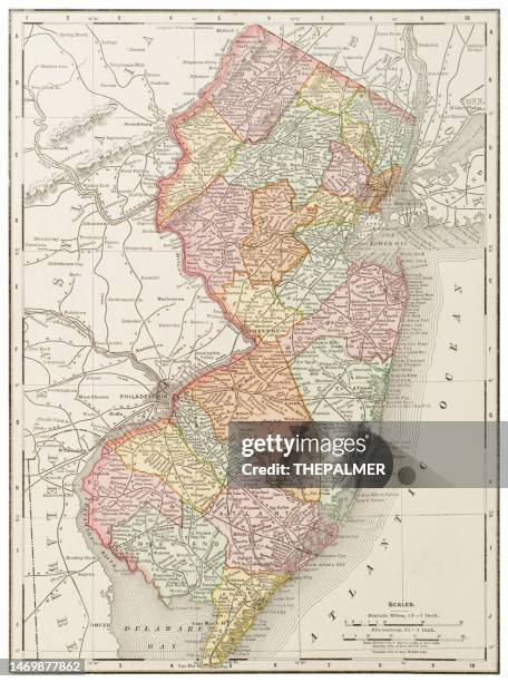 ilustrações, clipart, desenhos animados e ícones de mapa do estado de nova jérsei, eua 1899 - trenton nova jersey