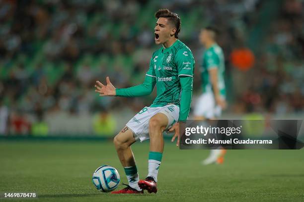 Santiago Muñoz of Santos reacts during the 9th round match between Santos Laguna and Puebla as part of the Torneo Clausura 2023 Liga MX at Corona...