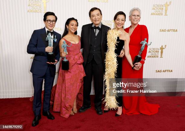 Ke Huy Quan, Stephanie Hsu, James Hong, Michelle Yeoh, and Jamie Lee Curtis, recipients of the Outstanding Performance by a Cast in a Motion Picture...