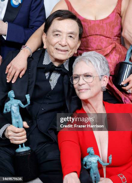 James Hong, winner of the Outstanding Performance by a Cast in a Motion Picture award for “Everything Everywhere All at Once,” and Jamie Lee Curtis,...