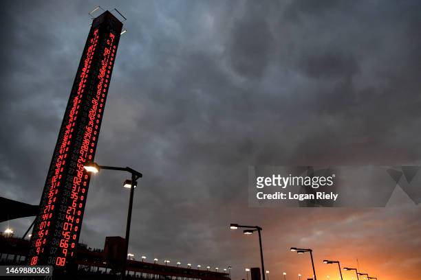 General view of the scoring tower as the sun sets during the NASCAR Xfinity Series Production Alliance Group 300 at Auto Club Speedway on February...