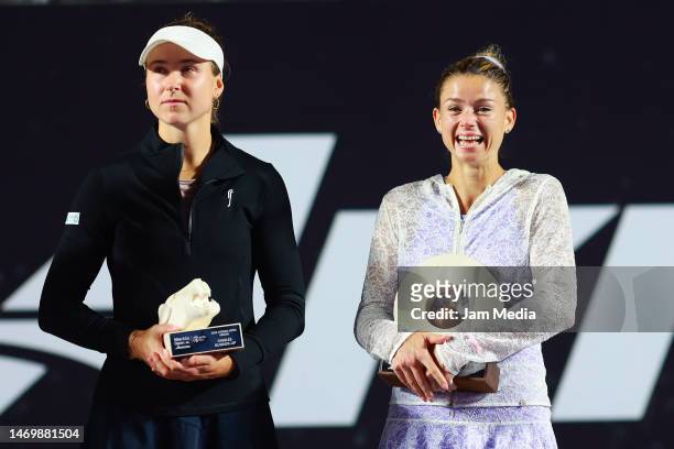 Camila Giorgi of Italy and Rebecca Peterson of Sweden pose with trophies after the final round singles match as part of the Merida Open Akron 2023 at...