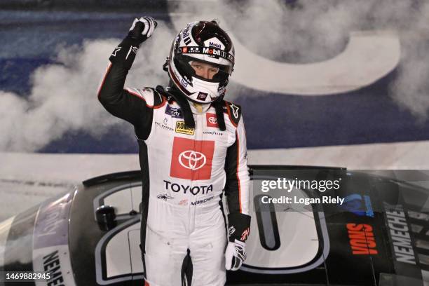 John Hunter Nemechek, driver of the Vons/Albertsons Toyota, celebrates after winning the NASCAR Xfinity Series Production Alliance Group 300 at Auto...