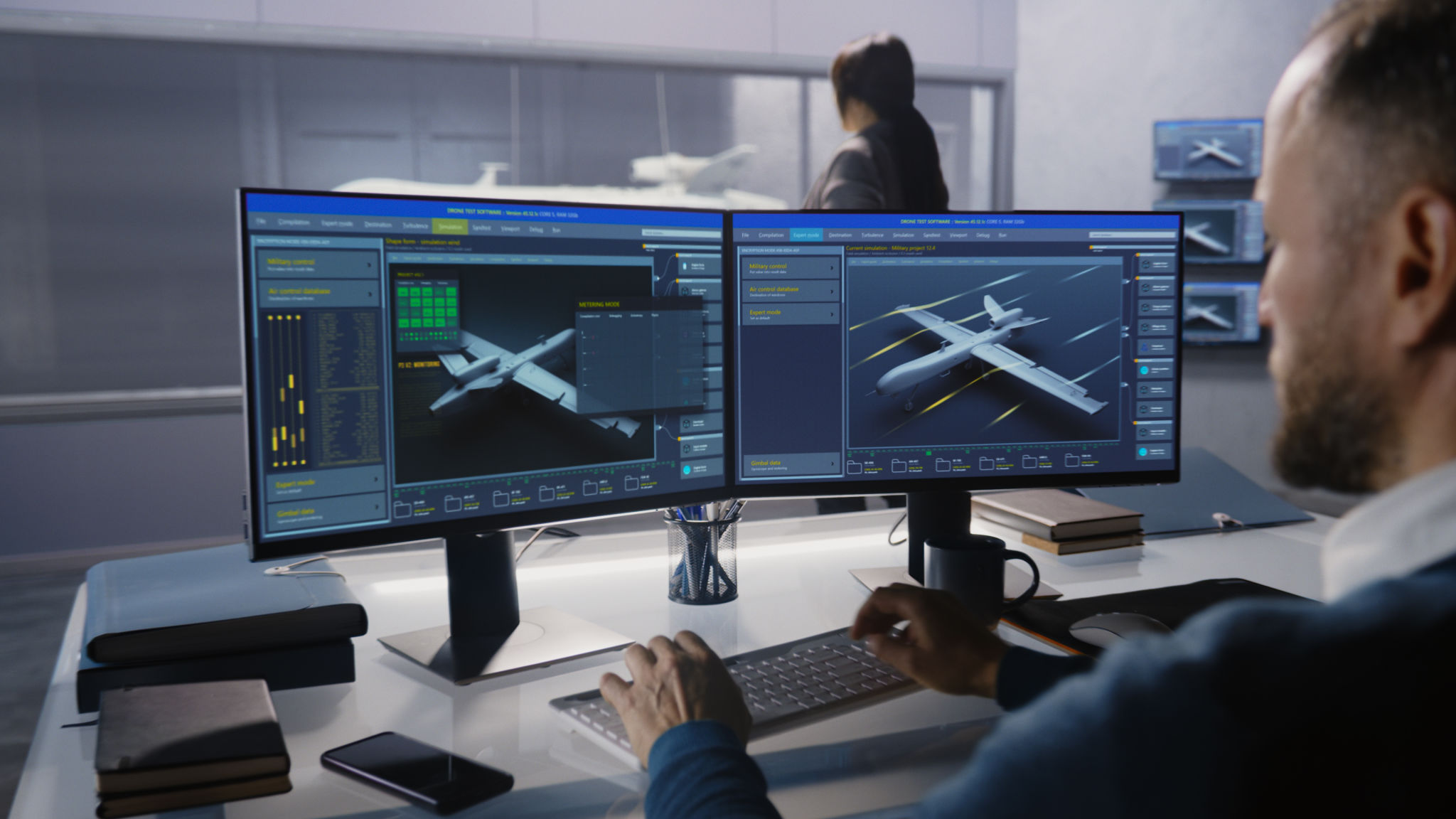 Engineers check aerodynamics of drone Engineers check aerodynamics of drone