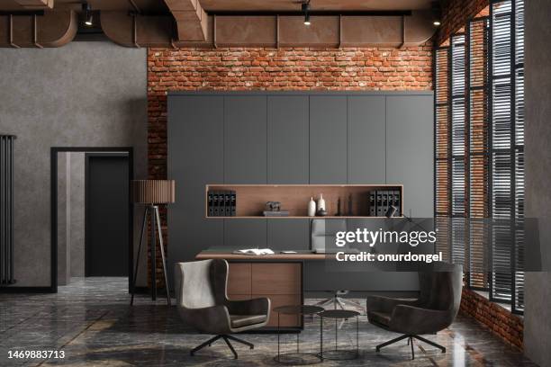 empty ceo office interior with table, office chairs, cabinets and brick wall - loft office bildbanksfoton och bilder