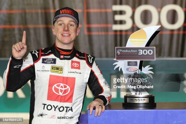 John Hunter Nemechek, driver of the Vons/Albertsons Toyota, celebrates in victory lane after winning the NASCAR Xfinity Series Production Alliance...