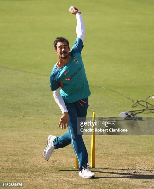 Mitchell Starc of Australia bowls during an Australia Test squad training session at Holkare Stadium on February 27, 2023 in Indore, India.