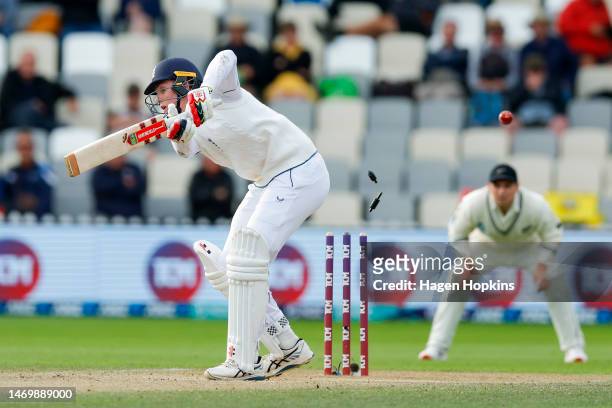 Zak Crawley of England is clean bowled by Tim Southee of New Zealand during day four of the Second Test Match between New Zealand and England at...