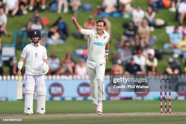 And Tim Southee of New Zealand celebrates his wicket of Zac Crawley of England during day four of the Second Test Match between New Zealand and...