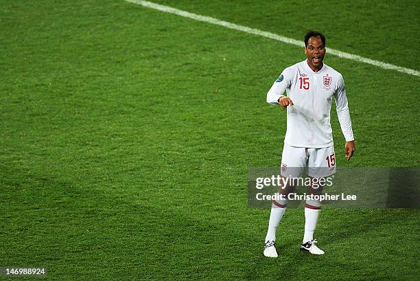 Joleon Lescott of England reacts during the UEFA EURO 2012 quarter final match between England and Italy at The Olympic Stadium on June 24, 2012 in...