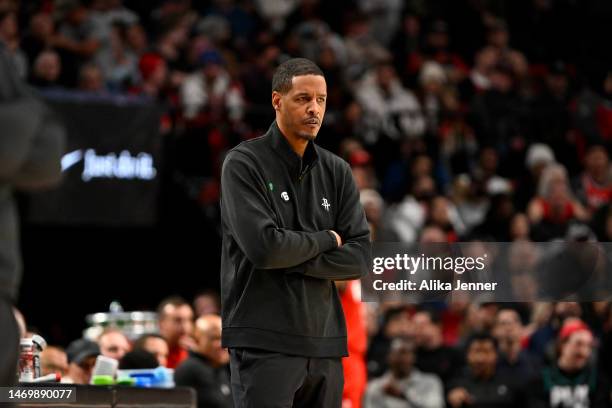 Head coach Stephen Silas of the Houston Rockets looks on during the third quarter against the Portland Trail Blazers at the Moda Center on February...