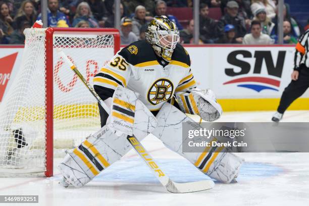 Linus Ullmark of the Boston Bruins in net during the first period of their NHL game against the Vancouver Canucks at Rogers Arena on February 25,...