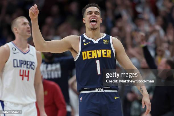 Michael Porter Jr. #1 of the Denver Nuggets celebrates a three point basket to regain the lead against the Los Angeles Clippers late in the fourth...