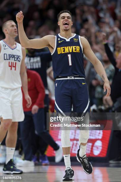 Michael Porter Jr. #1 of the Denver Nuggets celebrates a three point basket to regain the lead against the Los Angeles Clippers late in the fourth...