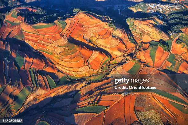 luftaufnahme der landschaft der roten erde in dongchuan, yunnan, china. - paddy fields yunnan stock-fotos und bilder