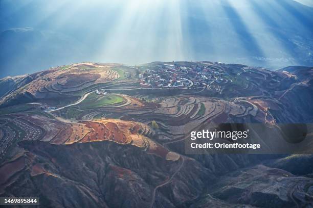 aerial view of scenery of red soil in dongchuan, yunnan,china. - kunming 個照片及圖片檔