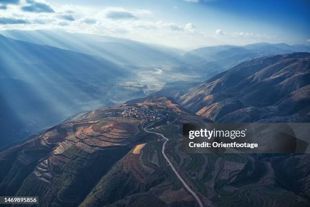 aerial view of scenery of red soil in dongchuan, yunnan,china. - yunnan province stock pictures, royalty-free photos & images