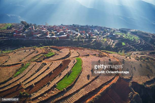 aerial view of scenery of red soil in dongchuan, yunnan,china. - kunming 個照片及圖片檔