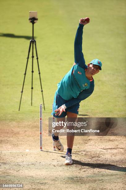 Todd Murphy of Australia bowls during an Australia Test squad training session at Holkare Stadium on February 27, 2023 in Indore, India.