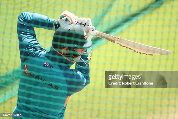 Steve Smith of Australia bats during an Australia Test squad training session at Holkare Stadium on February 27, 2023 in Indore, India.