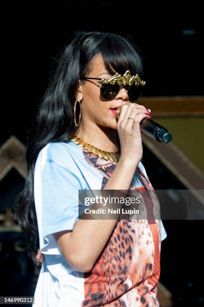 Rihanna performs on stage during BBC Radio 1 Hackney Weekend at Hackney Marshes on June 24, 2012 in Hackney, United Kingdom.