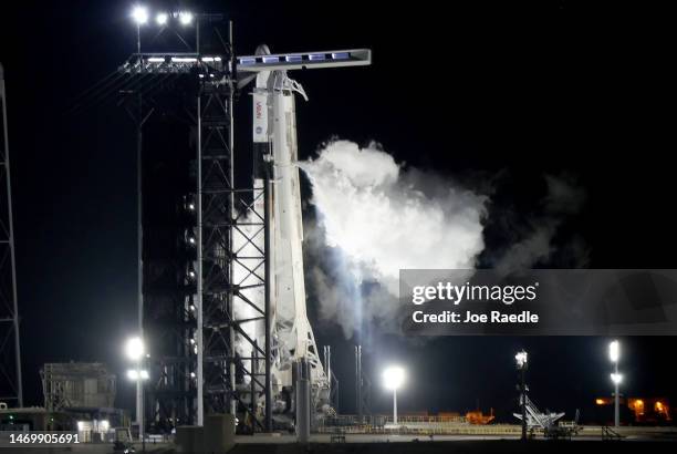 SpaceX Falcon 9 rocket with the Crew Dragon spacecraft sits on launch pad 39A after its launch was scrubbed due to technical issues with the rocket...