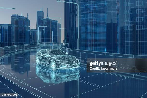 blue data 3d urban architecture - 自動運転車 ストックフォトと画像