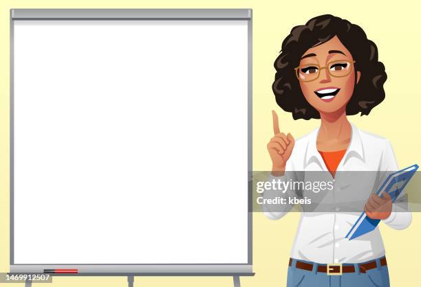 young woman standing beside a whiteboard - looking at camera stock illustrations