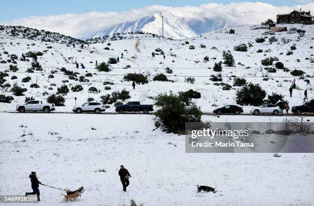 People walk with dogs in the snow as others gather and sled on a hillside in Los Angeles County on February 26, 2023 near Acton, California. A major...