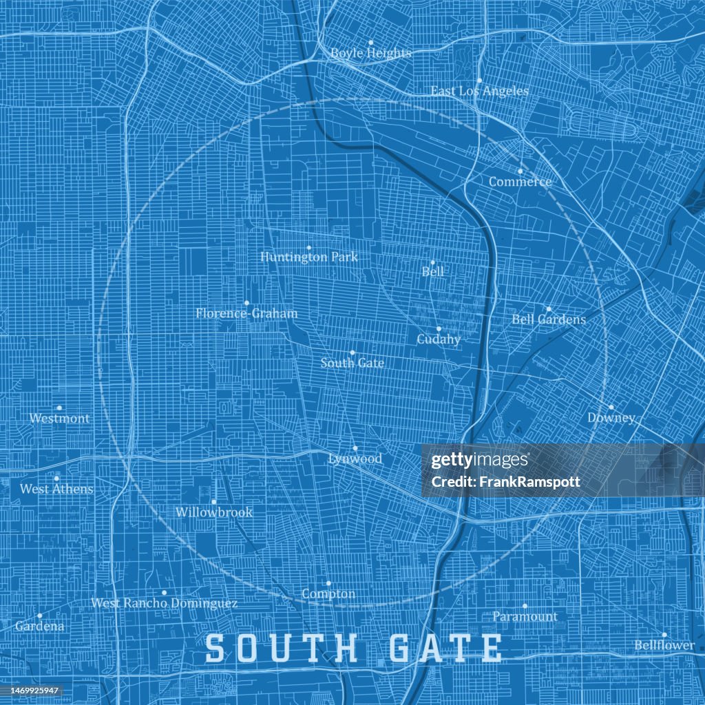 South Gate CA City Vector Road Map Blue Text