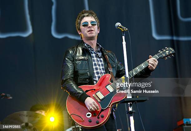 Noel Gallagher of Noel Gallagher's High Flying Birds performs on the main stage on day 4 of The Isle of Wight Festival at Seaclose Park on June 24,...