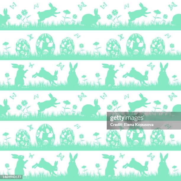easter celebration concept in flat style. silhouettes of easter eggs and rabbits with butterflies on a white background. creative seamless pattern. - seamless easter pattern stock illustrations