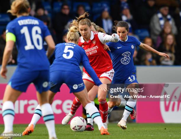 Victoria Pelova of Arsenal takes on Jessie Fleming of Chelsea during the WSL match between Chelsea Women and Arsenal Women at Kingsmeadow on February...