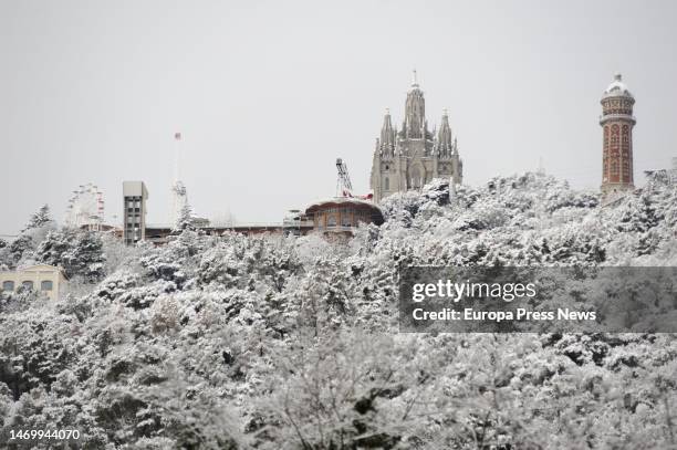 Snow-covered vegetation in the Collserola mountain range seen from Tibidabo, on 27 February, 2023 in Barcelona, Catalonia, Spain. The squall Juliette...