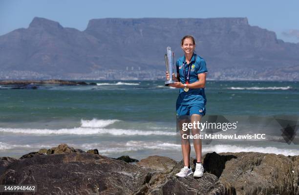 Meg Lanning of Australia poses with the ICC Women's T20 World Cup Trophy during the ICC Women's T20 World Cup Final Winners Photocall at...