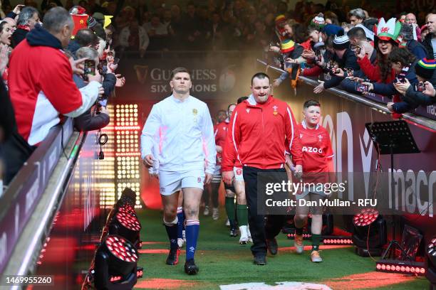 Owen Farrell of England leads his team out during the Six Nations Rugby match between Wales and England at Principality Stadium on February 25, 2023...