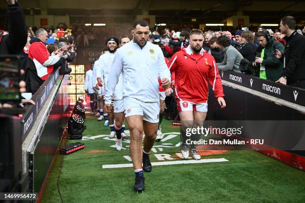 Ellis Genge of England makes his way out onto the field during the Six Nations Rugby match between Wales and England at Principality Stadium on...