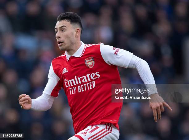 Gabriel Martinelli of Arsenal in action during the Premier League match between Leicester City and Arsenal FC at The King Power Stadium on February...