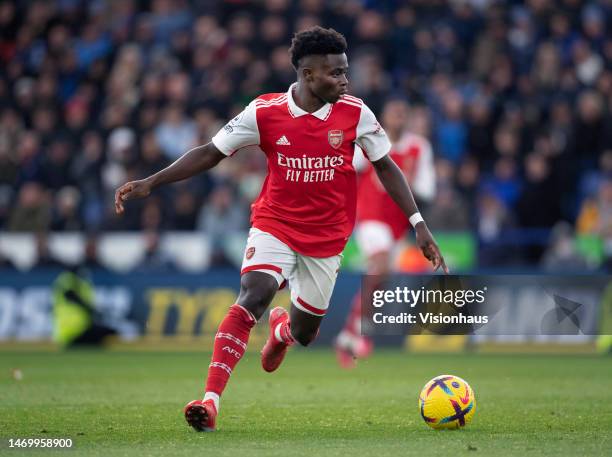 Bukayo Saka of Arsenal in action during the Premier League match between Leicester City and Arsenal FC at The King Power Stadium on February 25, 2023...