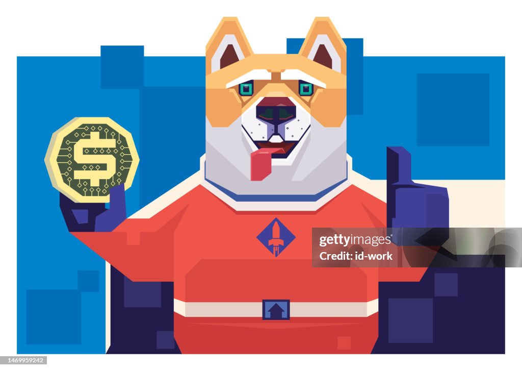 Superhero dog holding coin and gesturing thumbs up