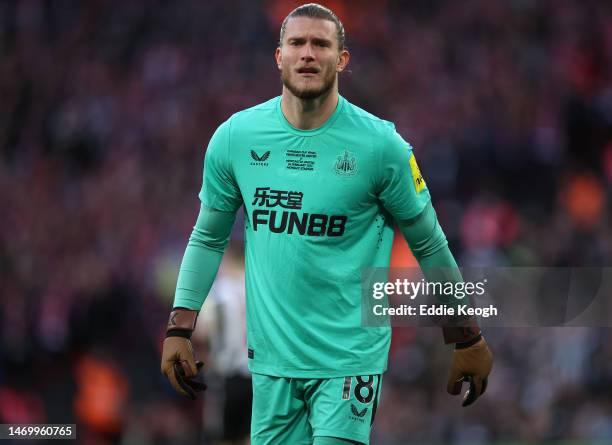 Loris Karius of Newcastle United during the Carabao Cup Final match between Manchester United and Newcastle United at Wembley Stadium on February 26,...