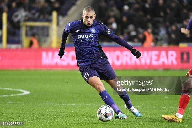 Islam Slimani of Anderlecht in action with the ball during the Jupiler Pro League season 2022 - 2023 match day 27 between RSC Anderlecht and Standard...