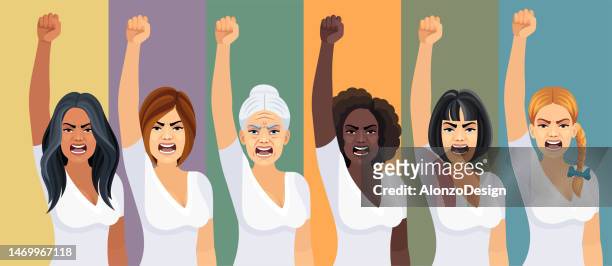 stockillustraties, clipart, cartoons en iconen met multi-ethnic group of women protesting and giving slogans in a rally. - political rally