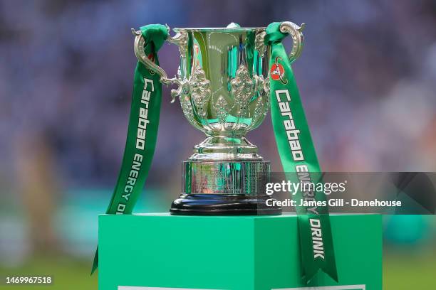 The Carabao Cup trophy is seen during the Carabao Cup Final match between Manchester United and Newcastle United at Wembley Stadium on February 26,...