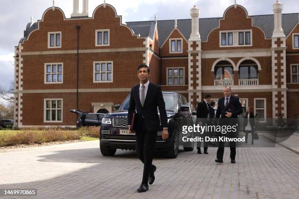 Prime Minister Rishi Sunak arrives at the Fairmont Hotel on February 27, 2023 in Windsor, England. UK Prime Minister Rishi Sunak and EU Commission...