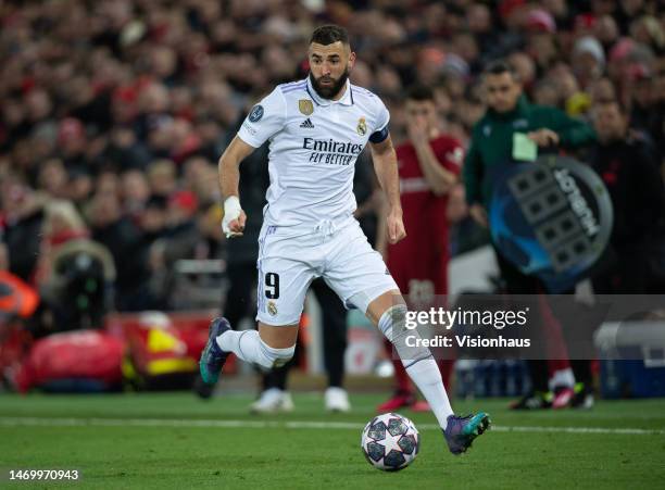 Karim Benzema of Real Madrid during the UEFA Champions League round of 16 leg one match between Liverpool FC and Real Madrid at Anfield on February...