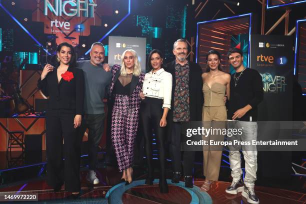 Ruth Lorenzo, Juan Magan, Monica Naranjo, Chanel Terrero, Miguel Bose, Ana Guerra and Abraham Mateo pose during the presentation of TVE's 'Cover...