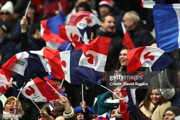 French supporters during the Six Nations Rugby match between France and Scotland at the Stade de France on February 26, 2023 in Paris, France.
