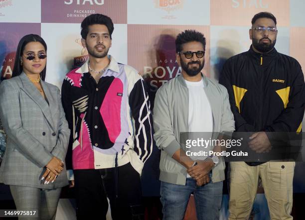 Nikhita Gandhi, Armaan Malik, Amit Trivedi and Badshah attend the launch of 'Royal Stag, BOOMBOX' on February 27, 2023 in Mumbai, India