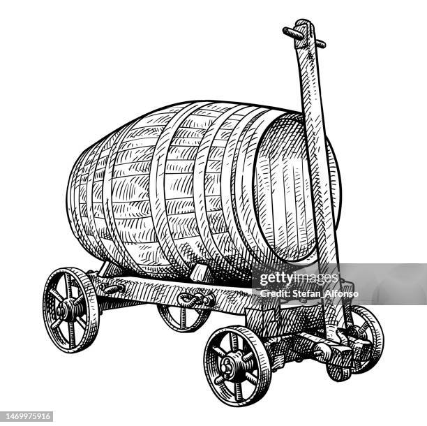 vector drawing of a barrel on a cart - cognac brandy stock illustrations